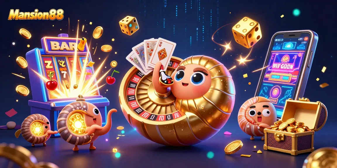 Engage with Mansion88 in a vibrant 3D scene featuring a gigantic nautilus roulette wheel, cards, and a bursting slot machine.