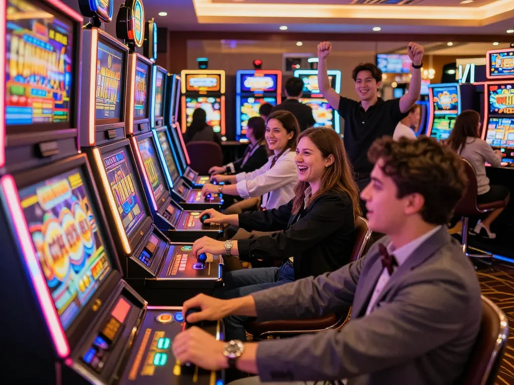 Players engaging with colorful slot machines in a site dedicated to situs slot depo 10k, celebrating wins and enjoying dynamic gaming.