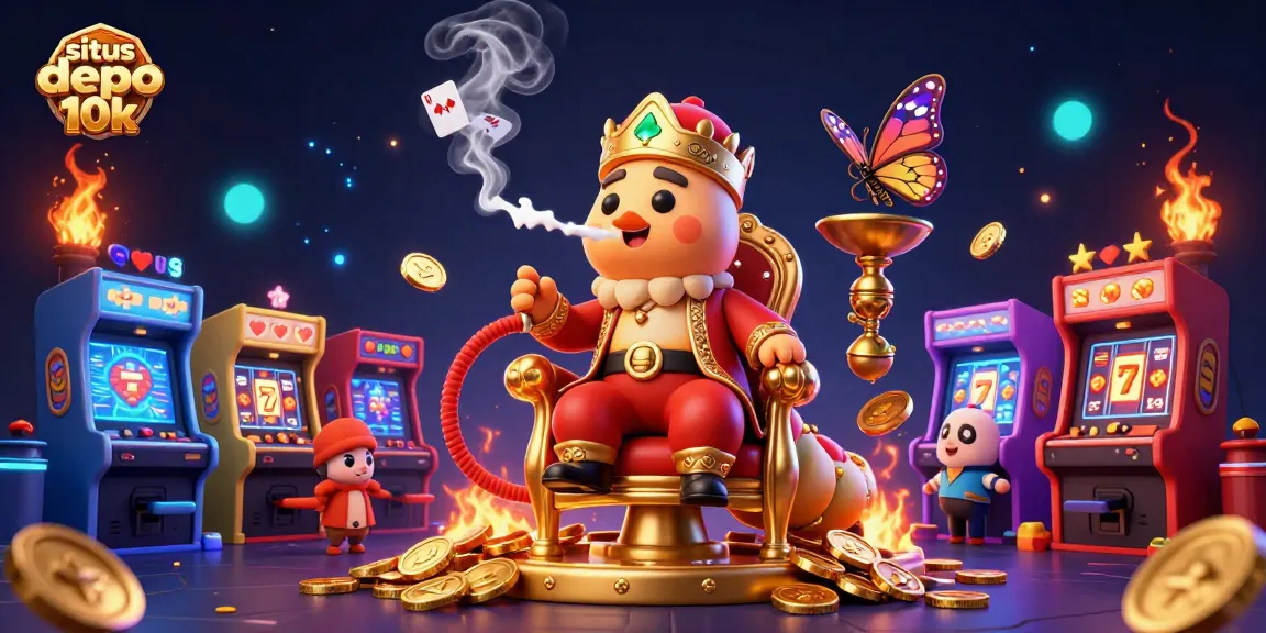 Engage with situs depo 10k through a vibrant scene depicting casino elements with golden hues and colorful 3D visuals.