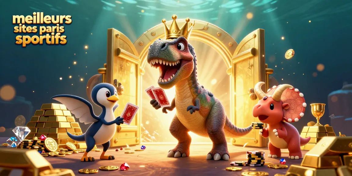 Illustration captivante représentant les meilleurs sites de paris sportifs avec un T-Rex jouant aux cartes entouré de trésors.