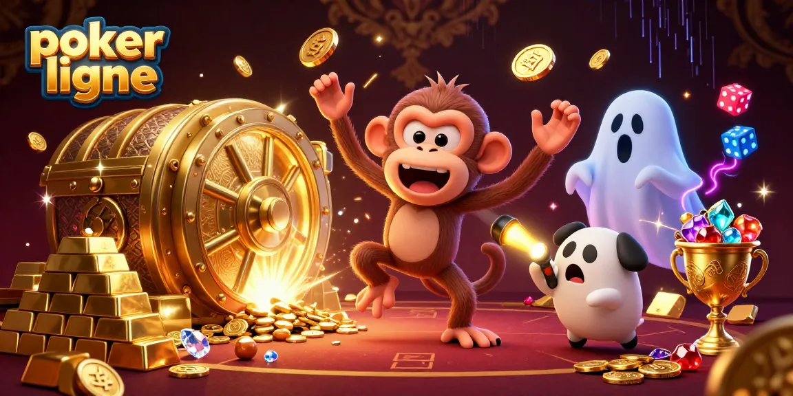 Profitez d'une partie de poker en ligne captivante avec un singe espiègle jonglant et un chiot chasseur de fantômes.