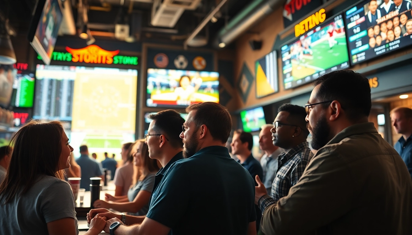Engaged bettors experiencing sports betting Georgia in a lively sports bar setting.