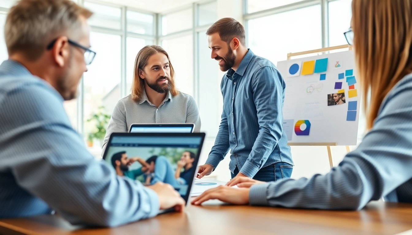 Engaging web design edmonton professional collaborating with clients in a modern office.