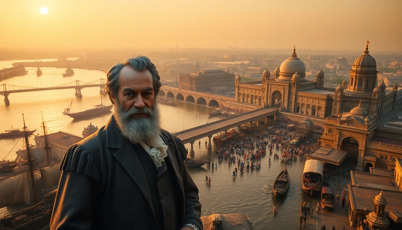Illustration of Job Charnock, regarded as founder kolkata, amidst colonial architecture and vibrant city life.