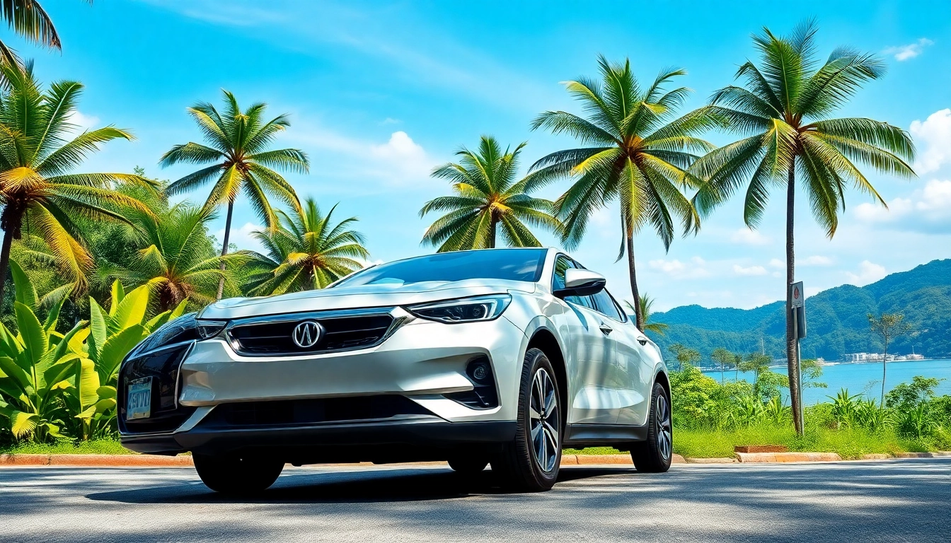 Car hire in Kuching: A rental car parked near lush greenery and the Sarawak River.