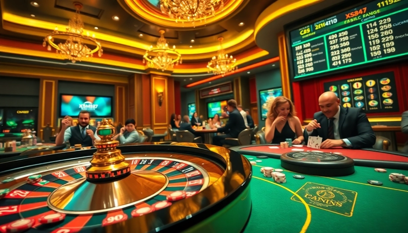 XSMB247 players strategizing at a vibrant casino table with roulette and poker.