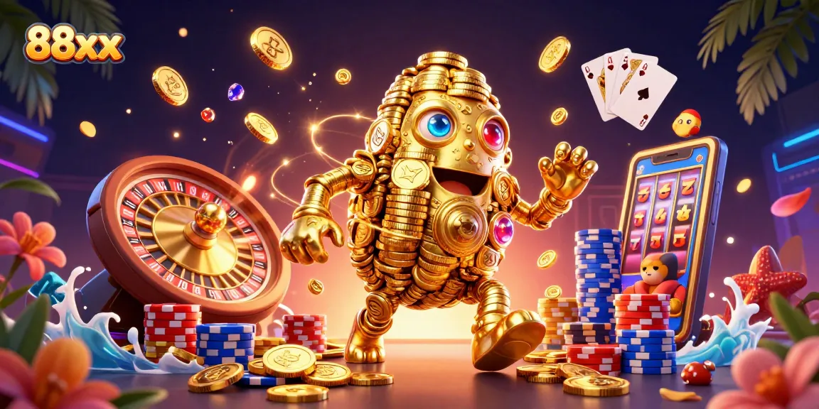 Spin the reels and win big with 88xx slots, featuring vibrant golden golem and dynamic casino elements.