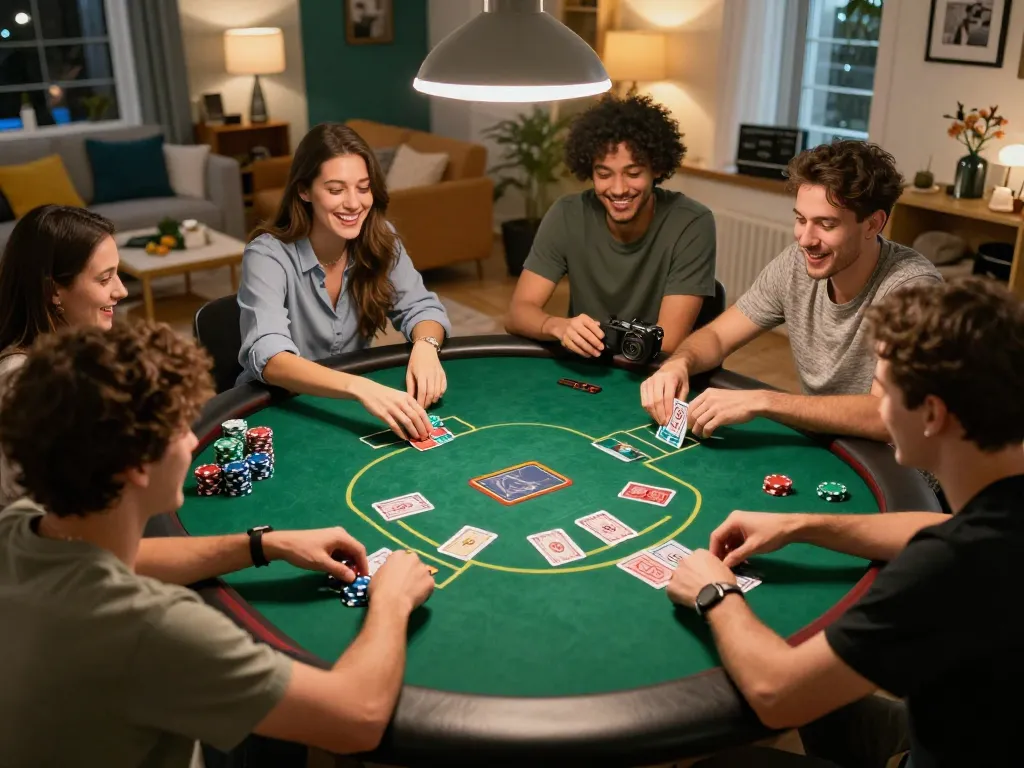 KOINID players engaged in a lively card game, highlighting strategic gameplay at home.