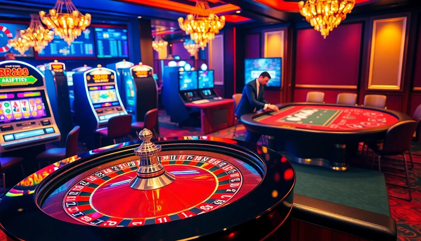 Experience the thrill of winning at RR88 with luxurious casino visuals featuring roulette and poker.