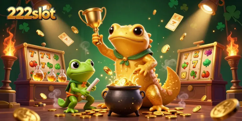 Ilustrasi 3D kasino khas menampilkan elemen permainan taruhan dengan tema 222slot.