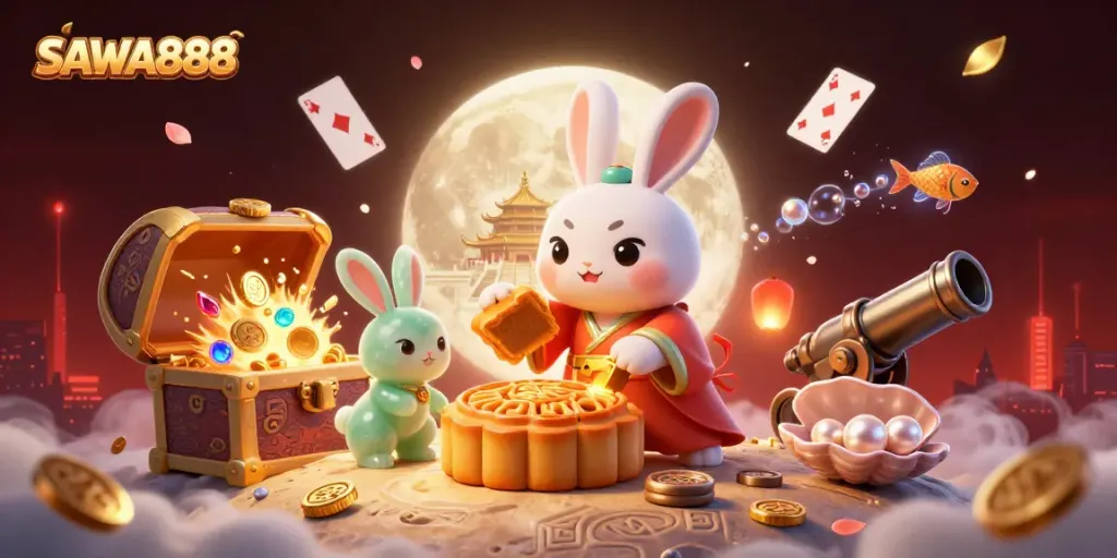 SAWA888 moon rabbit illustration revealing poker chips, featuring a jade companion and casino elements