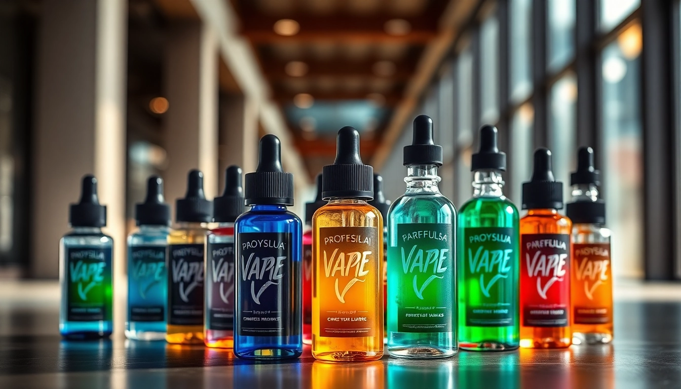 Flaschen von Liquid in bunten Farben und stilvollem Setting präsentieren Aromen.