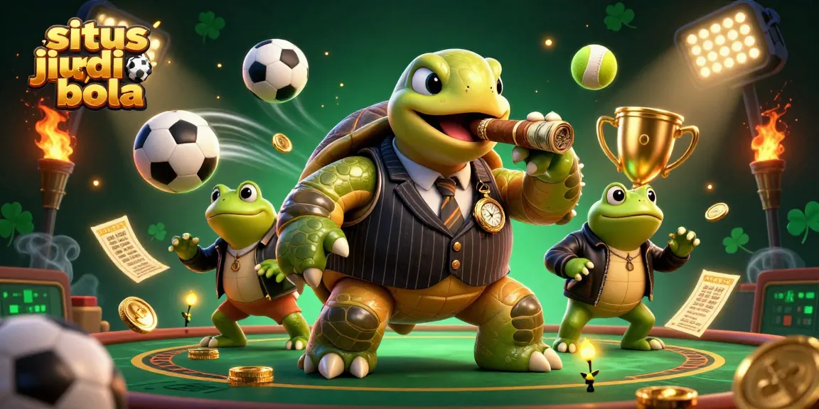 Experience thrilling action with situs judi bola, featuring a turtle and bullfrogs in a dynamic sports scene.