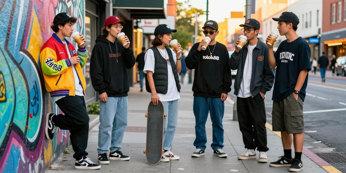 Vibrant urban street fashion scene featuring rokok88 merchandise worn by stylish youth.