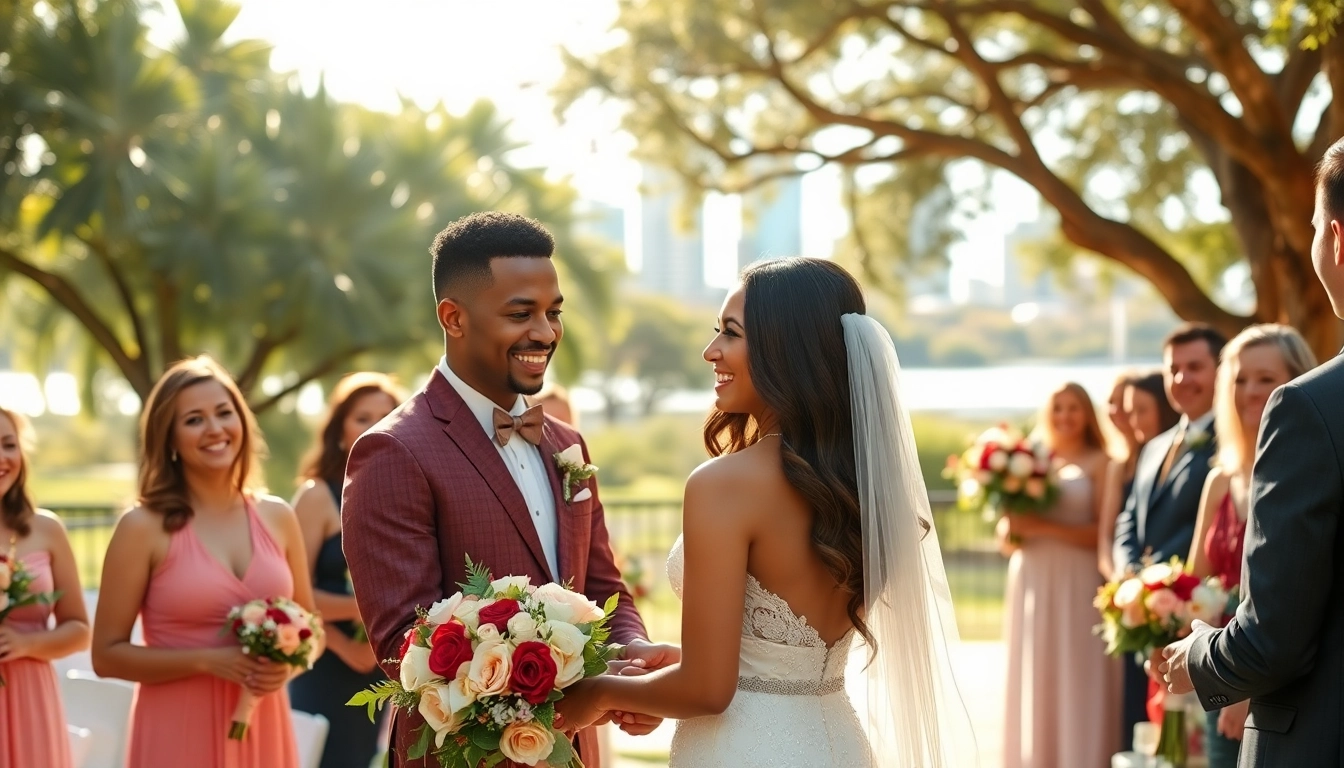 Tampa wedding videography capturing a joyful couple exchanging vows in a picturesque outdoor setting.