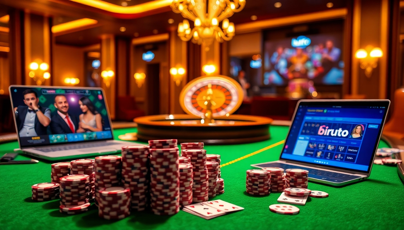 Experience the thrill of birutoto at an upscale casino with poker chips and a roulette wheel.
