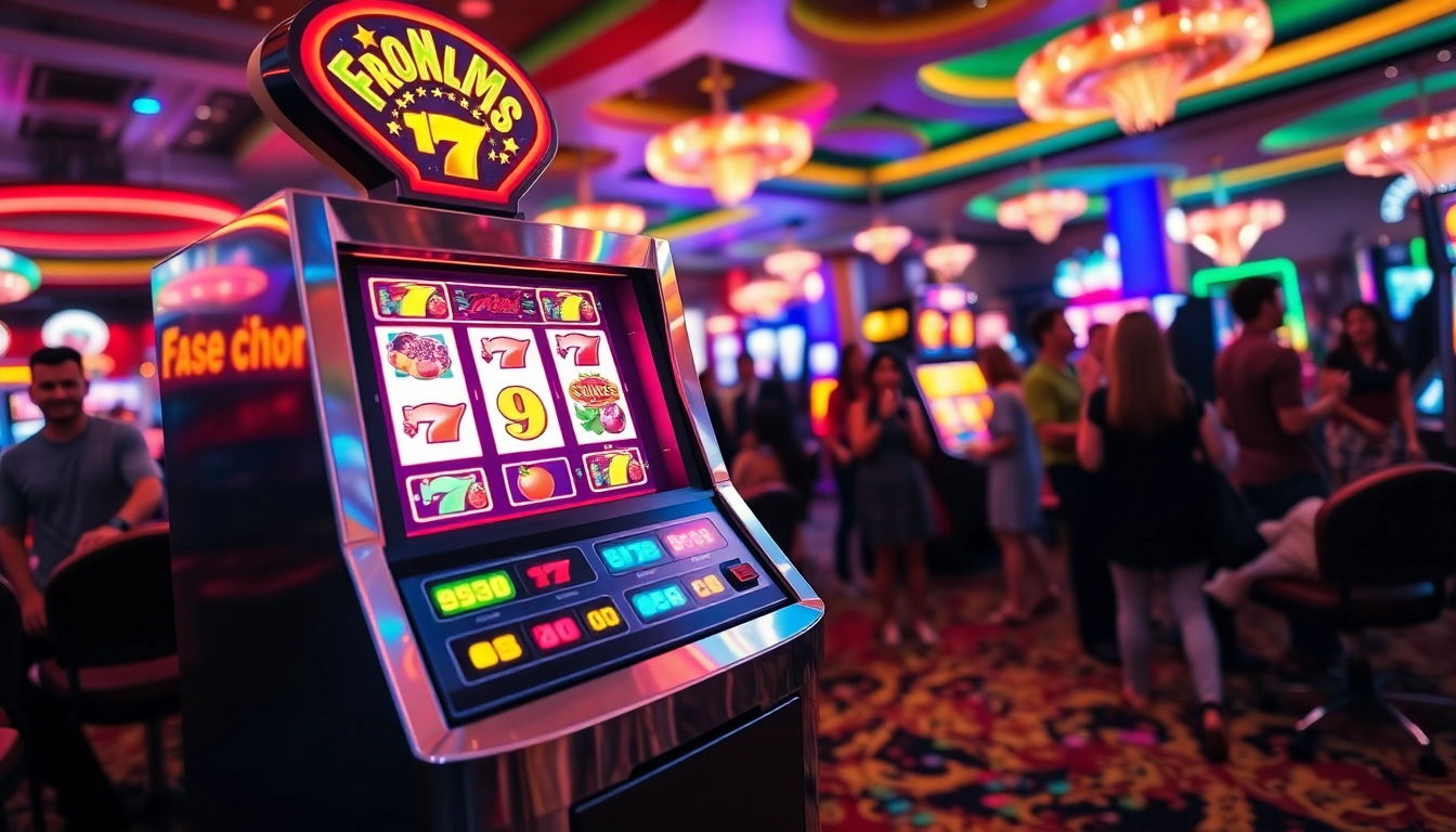 Mainan slot yang berkilau di kasino dengan pemain yang antusias berinteraksi.