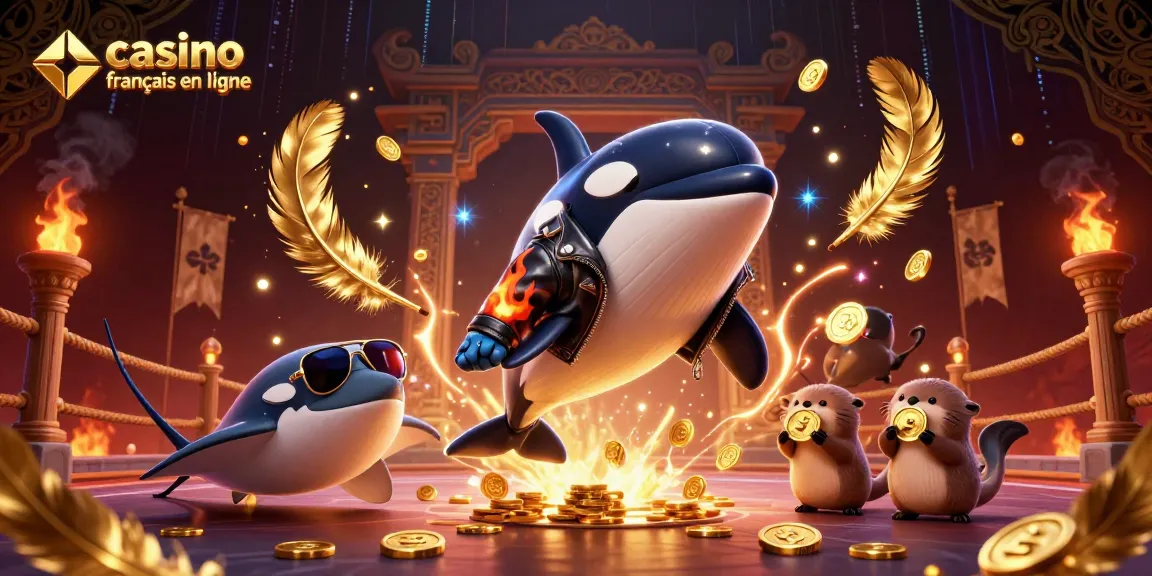 Découvrez l'illustration dynamique "casino français en ligne" avec un orque et des animaux marins.