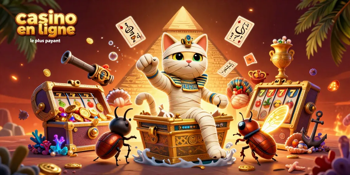 Exploiter des stratégies à "casino en ligne le plus payant", un chat momie égyptien et un scarabée ludique s'épanouissent dans un décor dynamique.