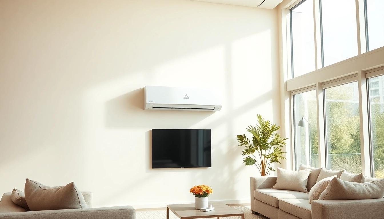 Mitsubishi mini split AC installed in a modern living room, highlighting energy efficiency and design.