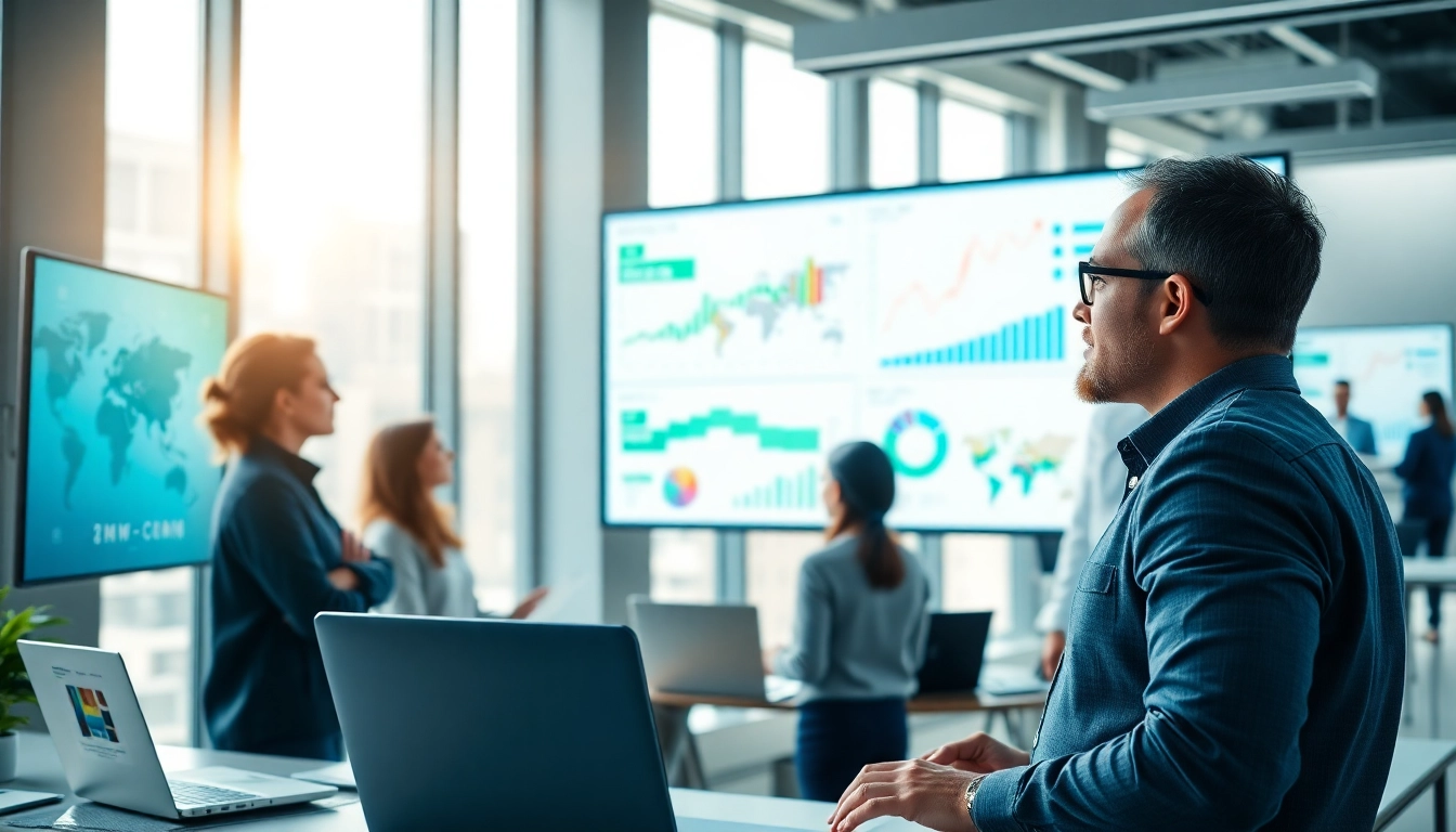 Visualize AI for competitor analysis with professionals collaborating and analyzing data in a bright office.