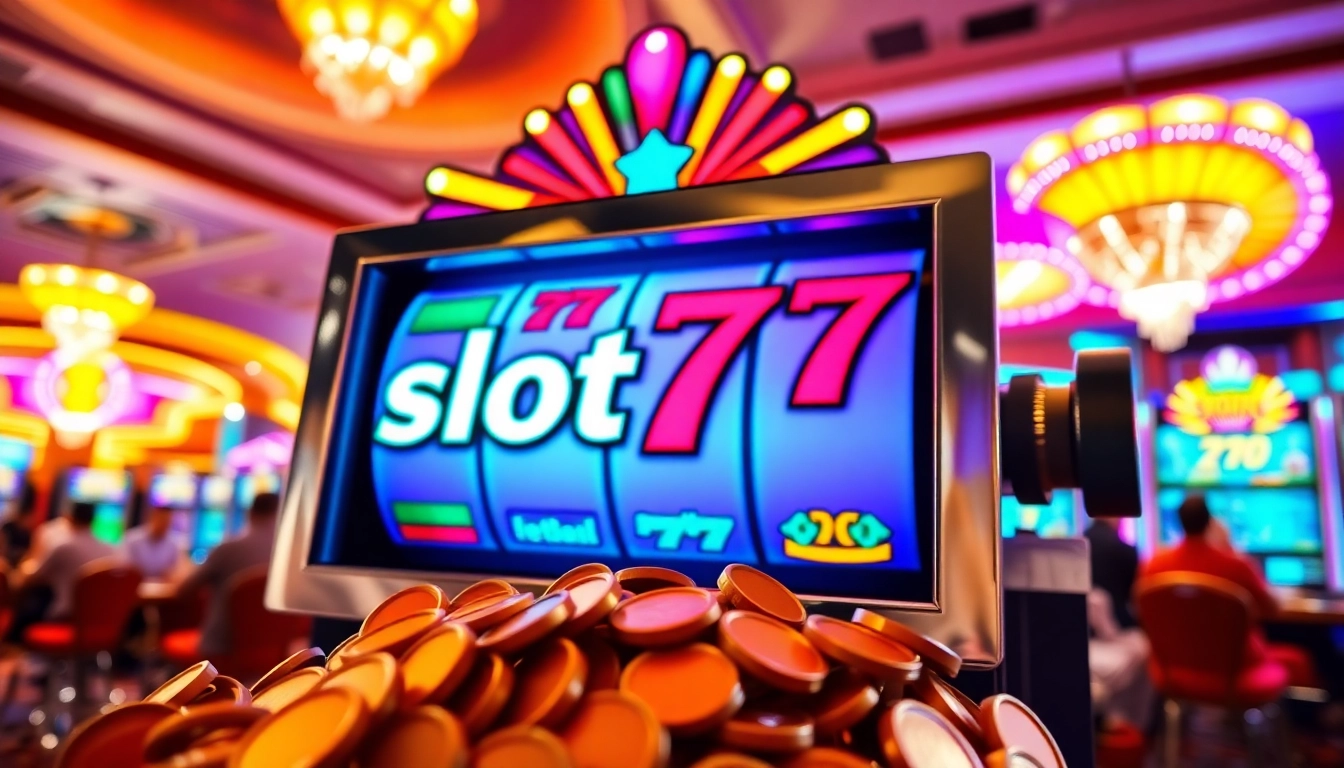 Experience excitement at the slot777 gaming machine with cascading coins and colorful casino lights.