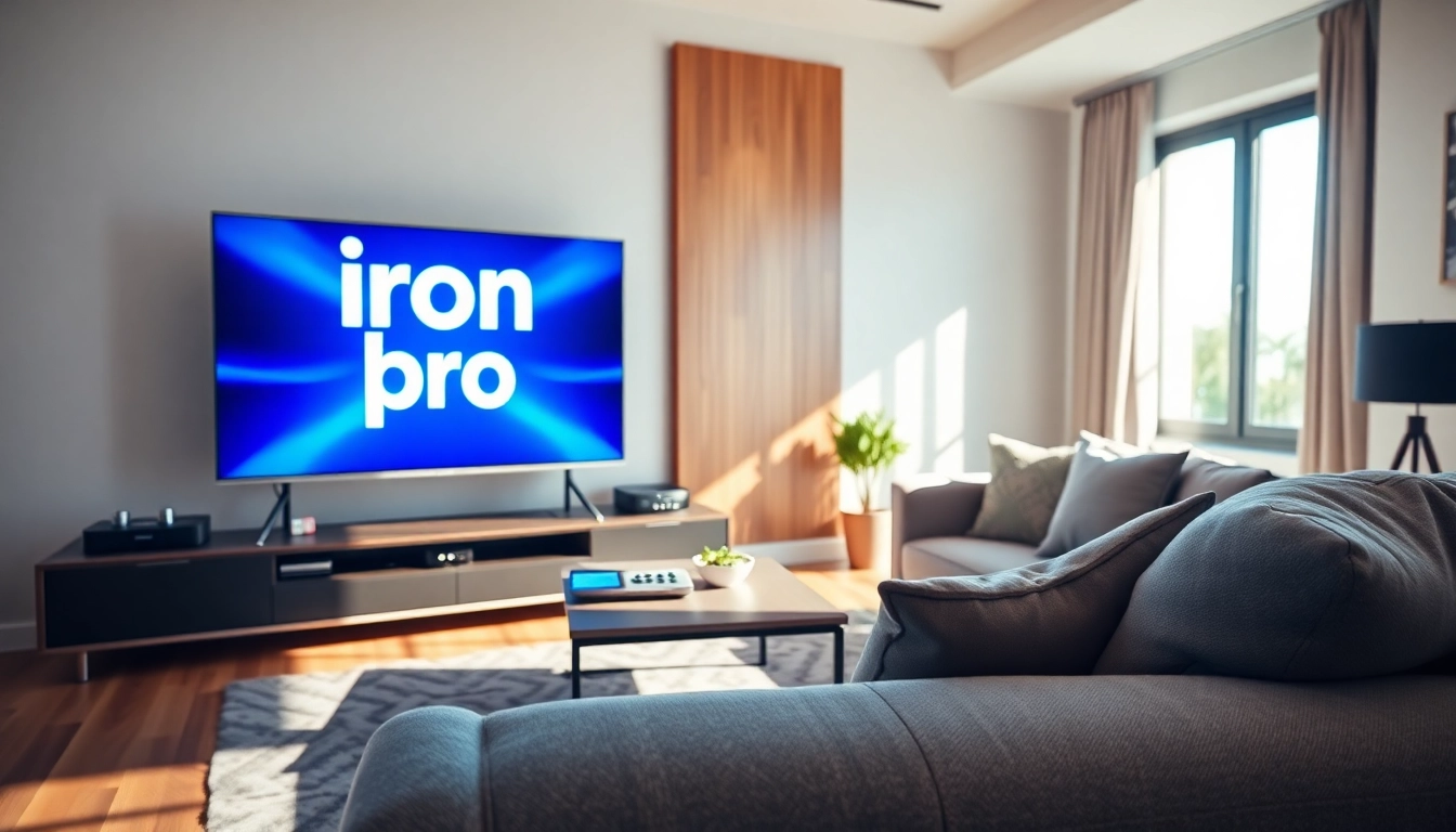 Showcase the iron tv pro logo on a stylish television in a modern living room setting.
