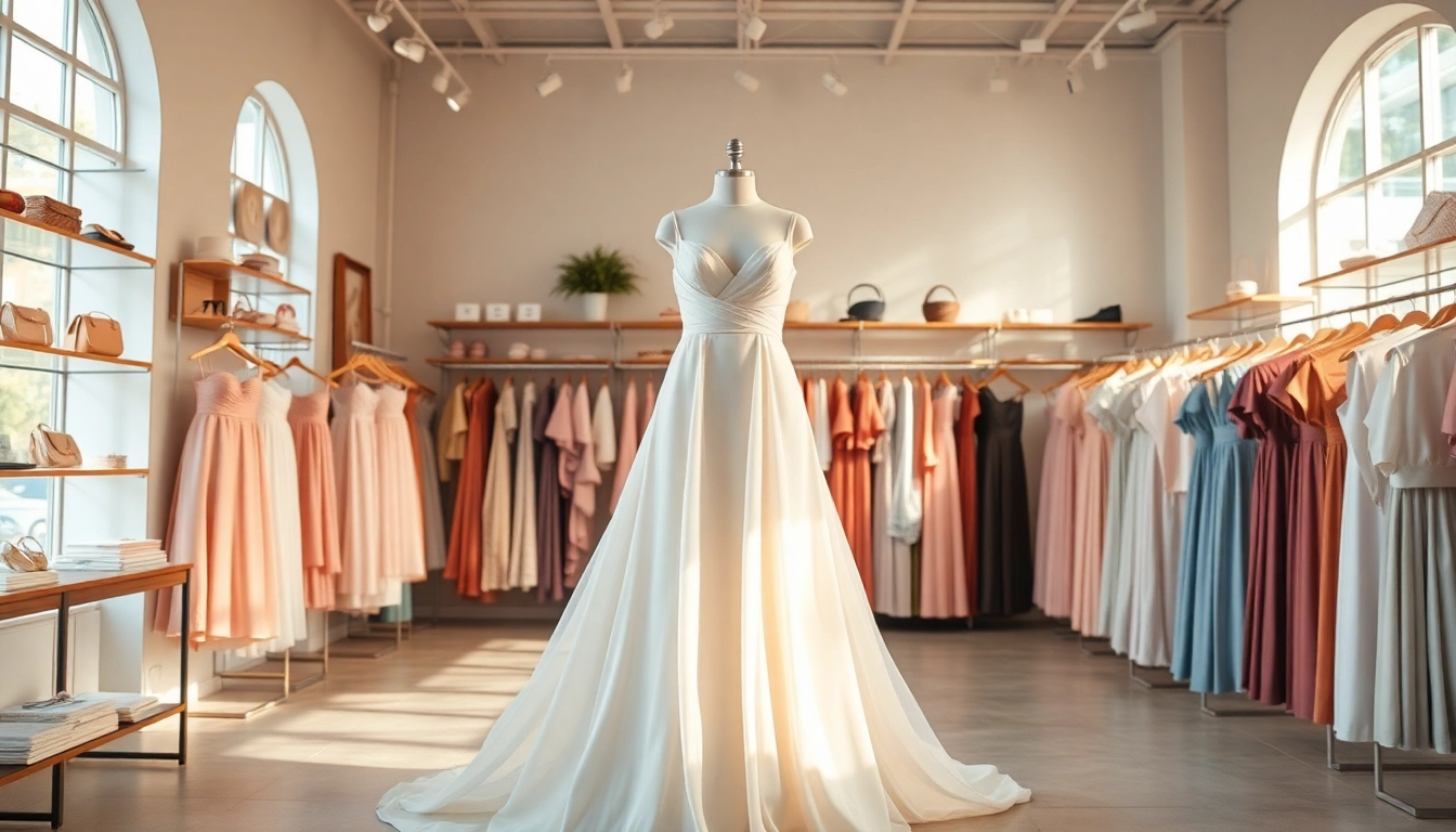 Discover elegant Rivelle clothing showcased in a boutique with inviting pastel hues and bright lighting.