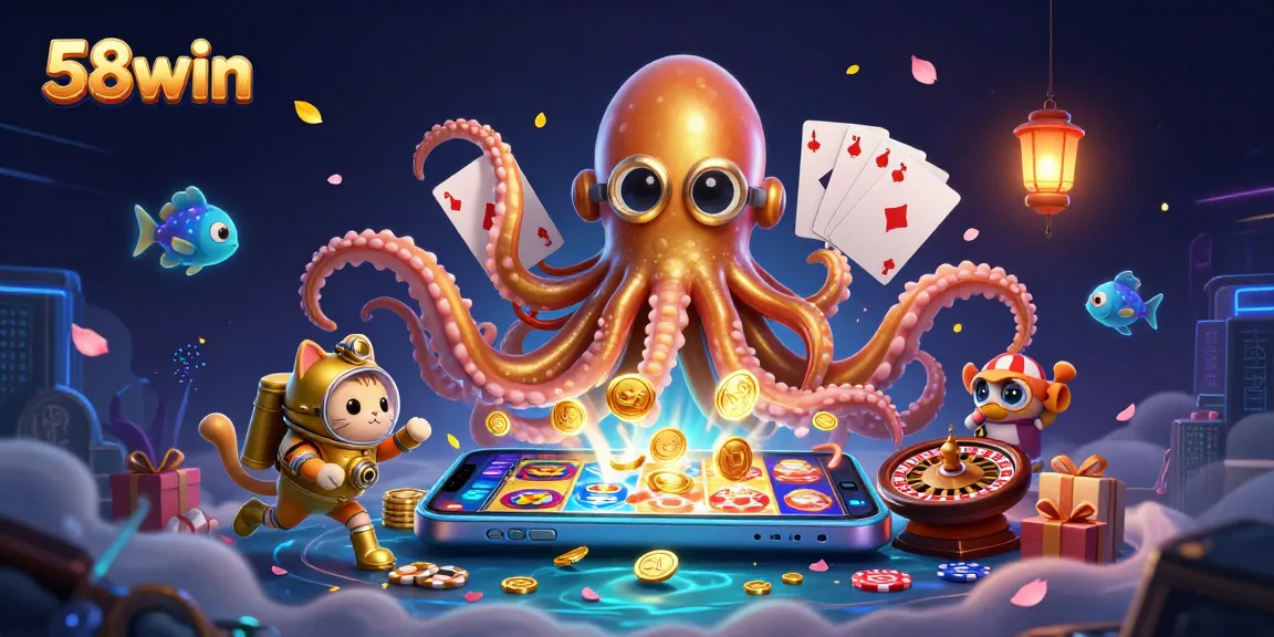 Experience thrilling gaming action with 58win's slot games and vibrant characters in a dynamic 3D illustration.