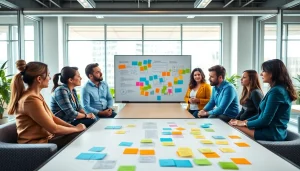 Engaging digital marketing strategy session at https://uu88.how/, showcasing brainstorming with colorful visuals.