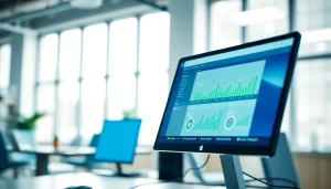 Engaging view of a sleek computer displaying an smm panel with analytics, in a bright digital marketing workspace.