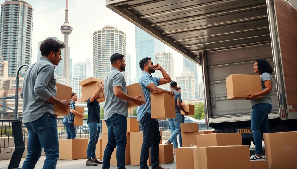 Efficient Toronto moving company team expertly packing and moving boxes in Toronto's urban landscape.