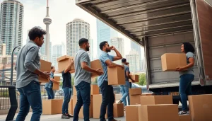 Efficient Toronto moving company team expertly packing and moving boxes in Toronto's urban landscape.