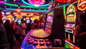 Putar slot mesin unik dengan cahaya terang dan pemain bersemangat di kasino.