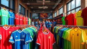 Browse a vibrant display of cheap football kits in a lively sports store.