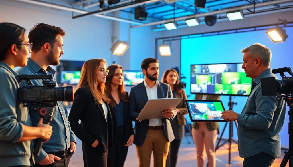 Showcasing corporate video production professionals working on a project in a modern studio setup.