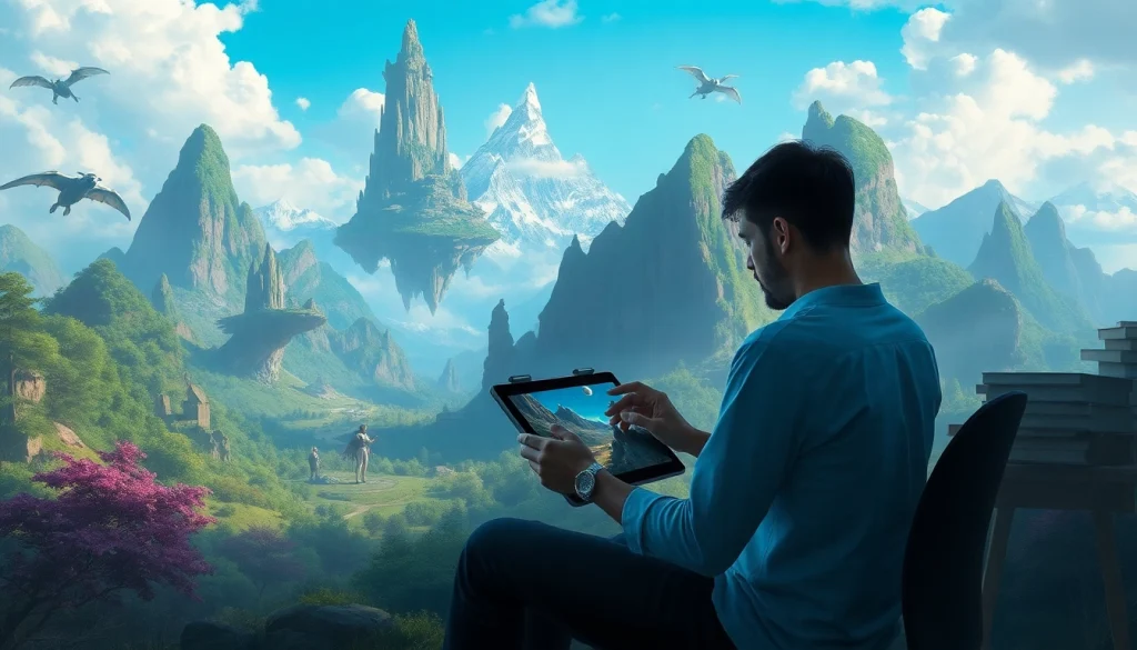 Creating a fantasy landscape centered around https://www.trilgameshproject.com, featuring vibrant colors and mystical elements.