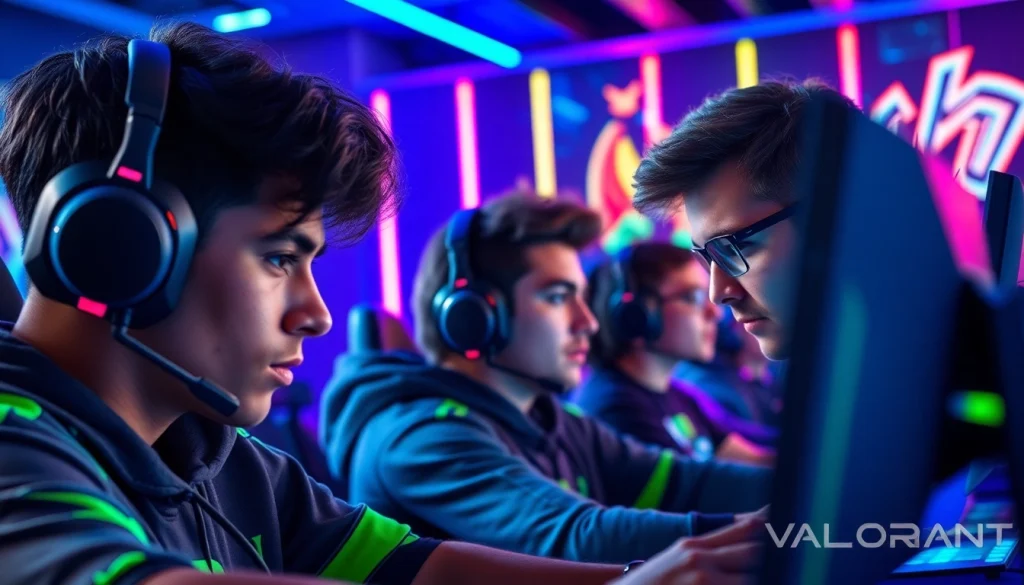 Experience the thrill of Valorant download with gamers immersed in a competitive esports environment.