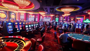 Experience the vibrant gambling world of KJC AC 1 with players enjoying casino tables and slot machines.