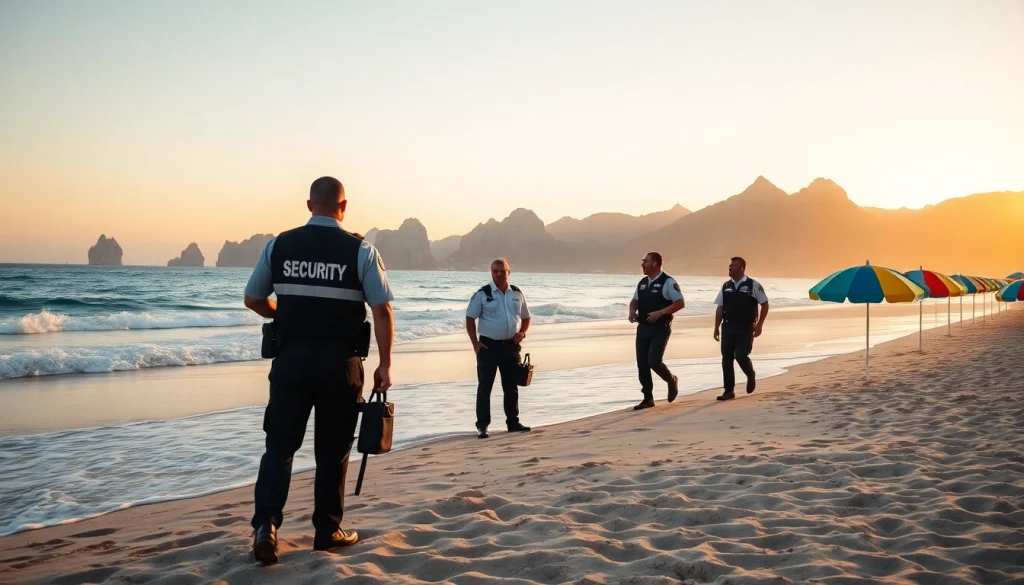Is Cabo San Lucas safe? Security team monitoring a tranquil beach during sunset.