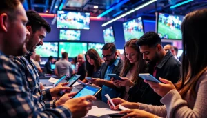 Engaged bettors discussing best sports betting sites in India in a dynamic sports lounge with vibrant atmosphere.