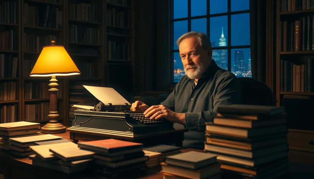 Thriller author writing in a cozy study, surrounded by books and a warm atmosphere.