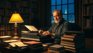 Thriller author writing in a cozy study, surrounded by books and a warm atmosphere.