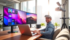 Experience virtual desktop technology through an engaging office setup showcasing vibrant software and VR equipment.