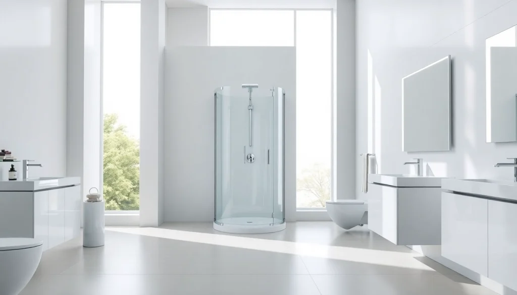 Examine the sirhona design for a modern bathroom featuring elegant shower installations et miroir éclairé.