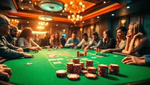 Menampilkan kasinojitu yang meriah dengan pemain bersemangat di meja judi.