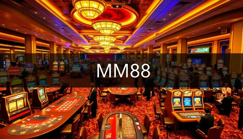 Experience the thrill of MM88 as players engage in high-stake games amidst luxurious casino tables and bright slot machines.