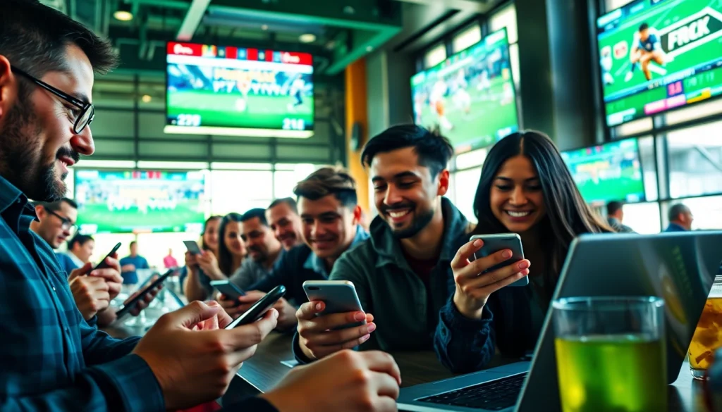 Engaged bettors exploring best sports betting sites in India on their devices at a vibrant sports bar.