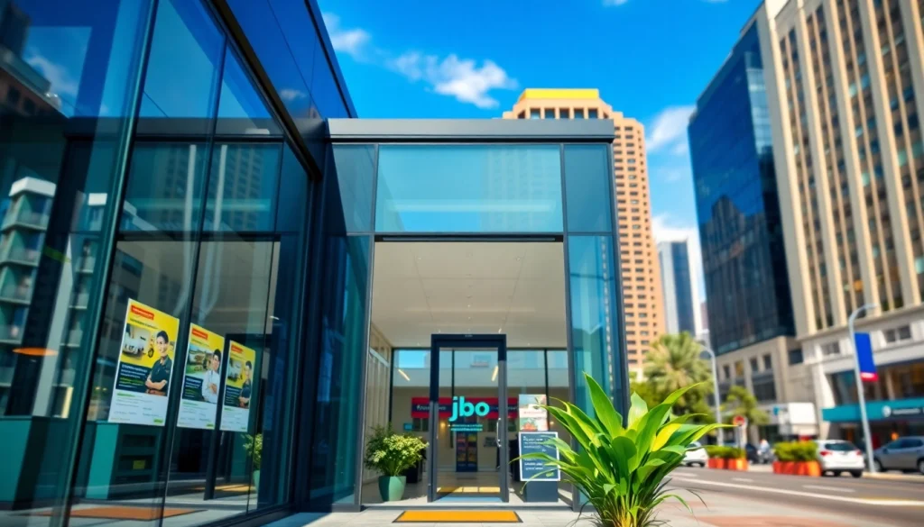 JBO rental service office showcasing modern space and vibrant atmosphere in a busy city.