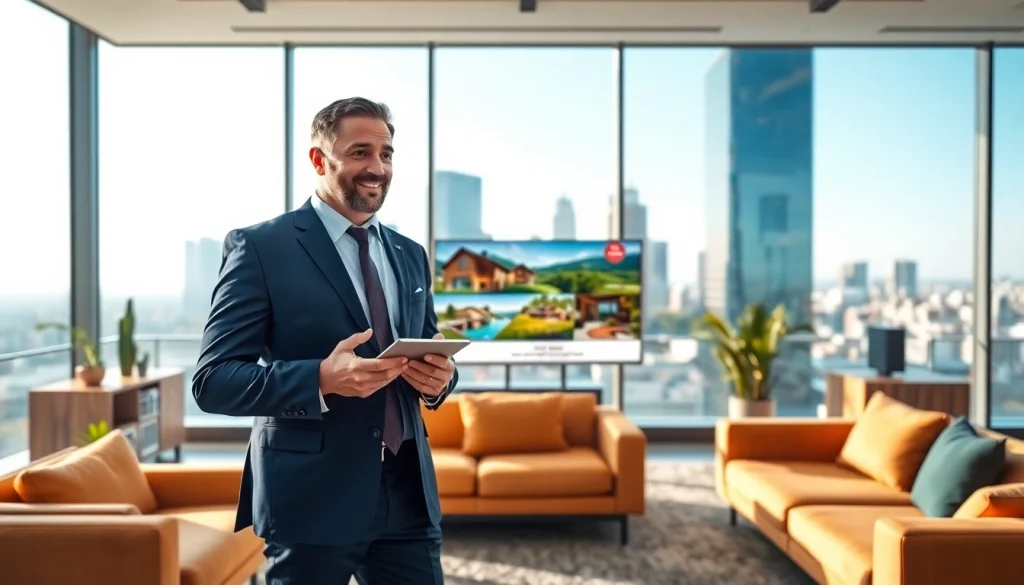 Real Estate agent assisting clients in a bright, modern office environment with urban views.